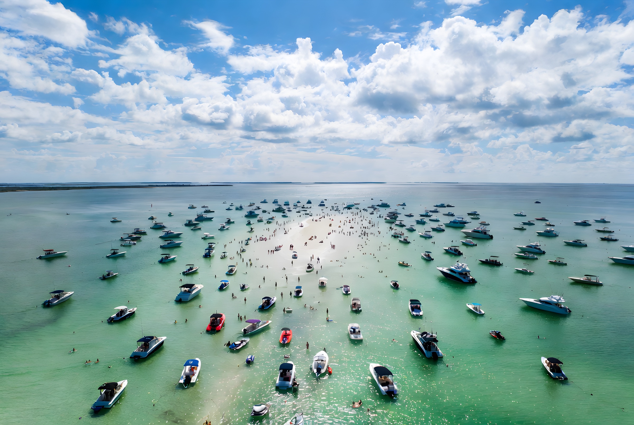 Aerial of Crab Island off Destin, Florida — hundreds of boats anchored over emerald, waist-deep water on the shifting sandbar.
